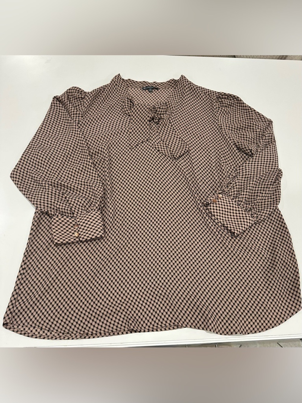 Adrianna Papell Tan and Black Check Tie-Neck Blouse